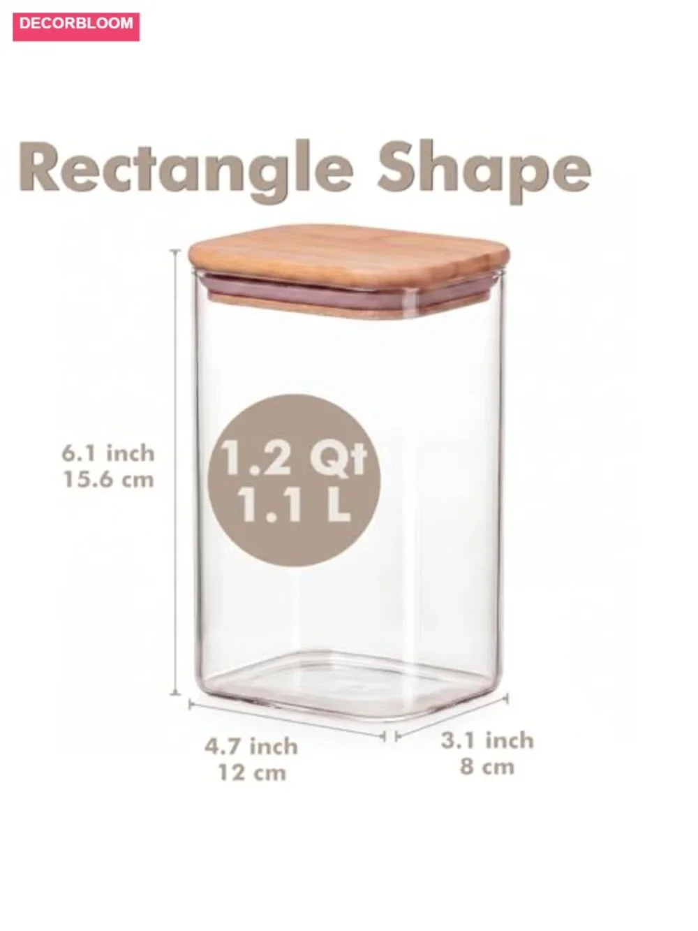 6-Pack 1.2Qt Rectangle Glass Storage Jars with Bamboo Lids - Airtight Food
